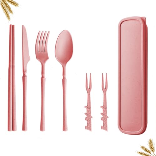 Portable Travel Utensils Set with Case, Reusable Camping Utensil Sets for Lunch Picnic Daily Use Outdoor, Portable Fork Spoon Knife Chopsticks Fruit Forks Cutlery Set (Pink) - color: Pink