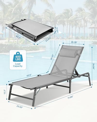 Foldable Chaise Lounge Chair with Cup Holder, Assemble-Free Outdoor Lounge Chair with Detachable Pillow and 6 Adjustable Backrest, Patio Lounge Chair for Outside Poolside Beach Pool, Grey - color: Grey, size: 1-Pack