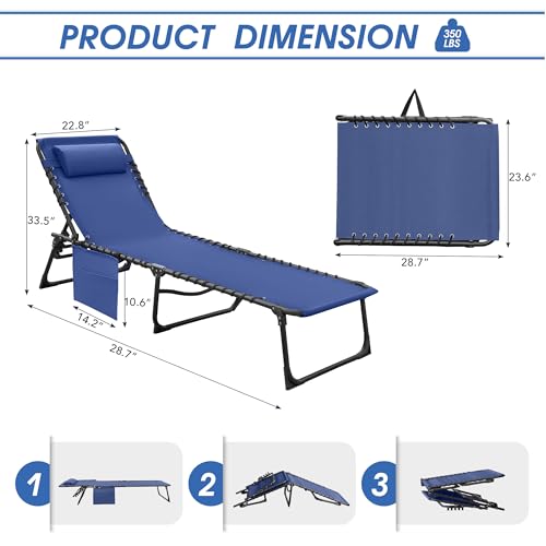 Flamaker Foldable Chaise Lounge Chair 5-Position Adjustable, Tanning Chair with Side Pocket, Outdoor Sunbathing for Pool, Beach, Patio, Lawn, Indoor Recliner Chair for Napping(Blue, 1 Pcs) - color: Blue, style: Normal, 1 Pcs