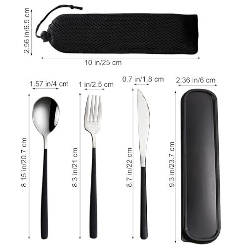 VANRA 3-Piece Portable Travel Utensils Set with Case 18/8 Stainless Steel Flatware Set Reusable Cutlery Set with Fork Spoon Knife for Lunch Travel Camping School Work Picnic (Black) - color: Black, size: Fork Spoon Knife