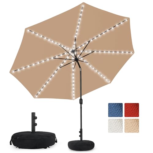 Sundale Outdoor Olefin 5-Year-Non-Fading Solar 104 LED 11FT Solar Patio Umbrella with Sand Bag Base, Outdoor Umbrella with Tilt and Crank, Tan - color: Tan, size: 11FT