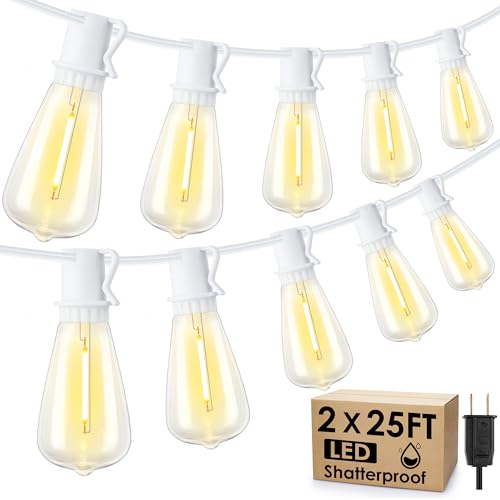Larkvue 50FT(2x25FT) Outdoor String Lights, Patio Lights with 20+2 LED Dimmable Waterproof ST38 Vintage Bulbs for Wedding Garden Party Decor, White - color: White, size: 50FT