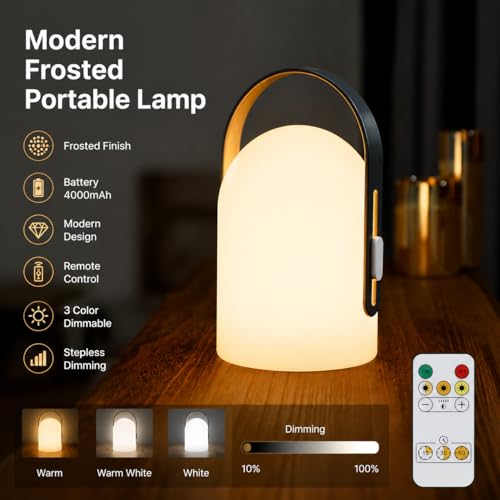 TRIROCKS Battery Operated Portable Lamp Cordless Dimmable Table Light Night Light with 4000mAh Battery and Remote Control for Bedroom Outdoor Indoor Home Decor Camping