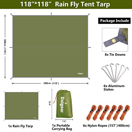 Unigear Hammock Rain Fly Waterproof Tent Tarp, 9.8x9.8ft, UV Protection and PU 3000mm Waterproof, Lightweight for Camping, Backpacking and Outdoor Adventure - color: Green, size: 300x300cm
