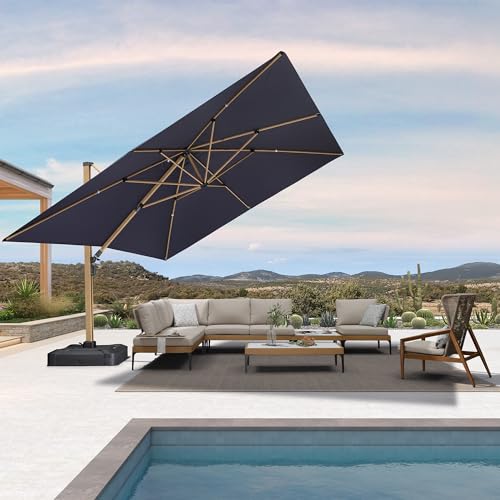 PURPLE LEAF 12FT Patio Umbrella Square Cantilever Umbrella Teak Finished Aluminum Frame Large Windproof Offset Outdoor Sun Umbrellas for Beach Pool Deck, Navy Blue - color: Navy Blue / Umbrella Only, size: 12' x 12'