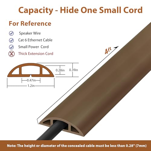 ZhiYo 4ft Cord Hider Floor for 1 Small Wire, Soft PVC Cord Covers for Wires on Floor, Wire Cover to Hide Power Cords, Cable Cover Protect Cords, Cable Cavity: W0.47in x H0.28in Vintage Coffee Brown - color: Coffee Brown, size: W1.2'' x L4'
