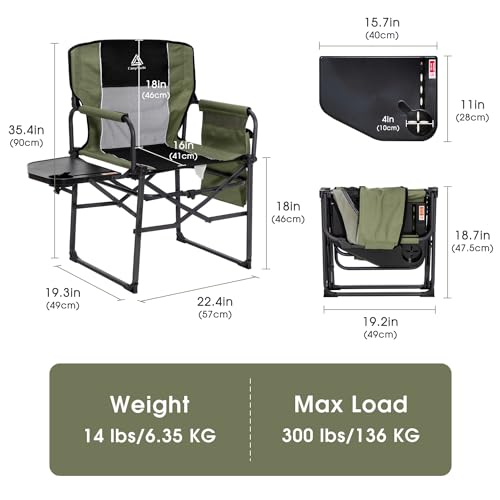 Wide Folding Director Chair with Table, Outdoor Camping Chair for Adults with Cup Holder Load 330 Lbs, Portable Chair for Outside with Carry Bag for Patio, Green - color: Directors Chair-green