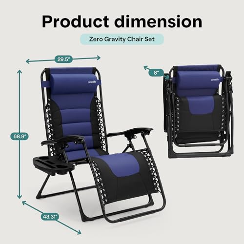 SereneLife Oversized Padded Zero Gravity Lounge Chair, Foldable Outdoor Patio Recliner, Anti Gravity Lawn Recliner with Cup Holder and Side Table for Backyard, Camping, Beach or Outdoor Relaxation - color: Blue
