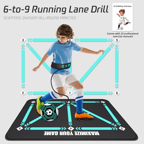 2F22E Soccer Training Mat for Kids & Youth, Non-Slip Silent Footwork Training Equipment with Soccer Bounce Trainer & Socks, Ball Mastery Skills Mat with Instructional Video for Indoor Practice - color: Cyan-blue