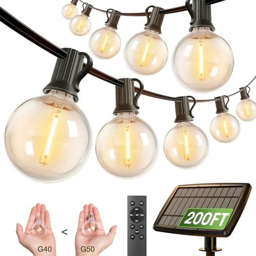 addlon 200FT Solar String Lights for Outside G50 Waterproof with USB Port Solar Patio Lights Outdoor Solar Powered LED Bulbs 3 Light Modes for Backyard Porch Garden Market Bistro Camping - size: 200FT