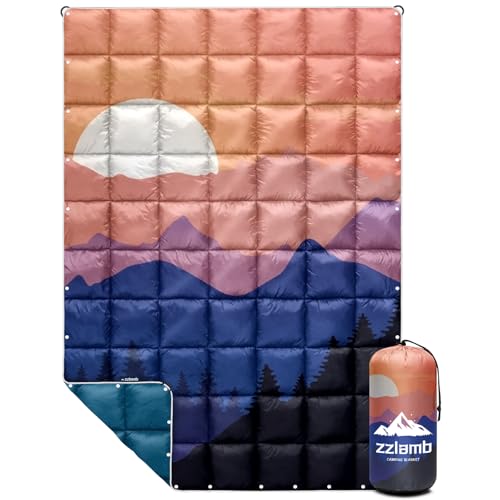 zzlamb Camping Blanket for Cold Weather,Outdoor Puffy Blanket Portable Down Alternative,Windproof Warm Cloak with Snaps,Cozy Quilt Backpacking Picnic RV Travel Plane Car Hammock Beach Climbing - color: Sun Setting, size: 52x75in