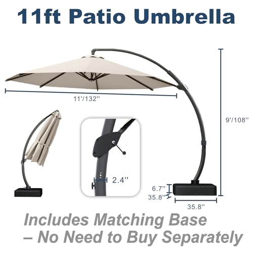 11FT Cantilever Umbrella with Base Large Curvy Outdoor Aluminum Offset Umbrella w/ 360° Rotation, UV Resistant Canopy for Patio, Garden, Backyard, Beige - color: Beige, size: 11FT