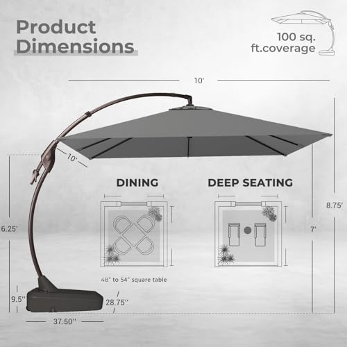 Grand patio 10x10 FT Patio Cantilever Umbrella with Base Outdoor Large Square Tilting Offset Umbrellas for Deck Backyard (Gray, 10x10 FT) - color: Gray, size: 10X10 FT