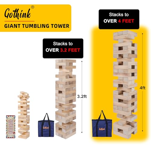 GOTHINK Giant Tumble Tower Game, Large Tumbling Tower Stacking to Over 4 FT 54pcs Wooden Jumbo Blocks for Outside Yard Games with Carry Case Timber Stacking Game Night Toy Gift for Kids Adults Family - size: L-over 4ft