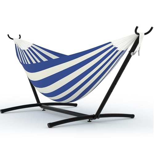 Double Hammock with Stand, 450lbs Capacity Heavy-Duty Steel Frame, Portable Space-Saving Design with Carry Bag for Indoor & Outdoor Use, Blue&White - color: Blue White Stripes