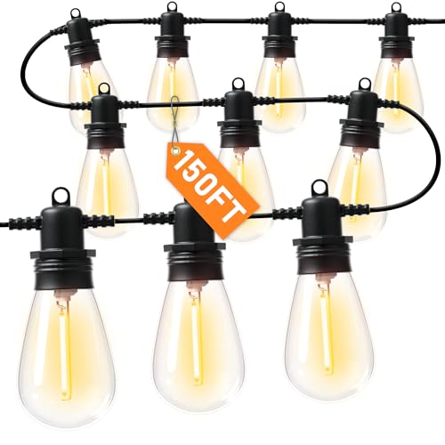 150FT LED Outdoor String Lights With 45 Edison Shatterproof IP65 Waterproof Bulbs, 2700K Dimmable Commercial Grade Patio Lighting, Heavy Duty Outside Hanging for Garden Porch Deck Decor - size: 150FT