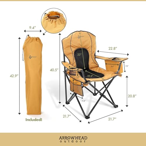 Arrowhead Outdoor Portable Folding Camping Quad Chair w/ 4-Can Cooler, Cup-Holder, Heavy-Duty Carrying Bag w/Easy Carry Shoulder Strap, Padded Armrests, Supports up to 330lbs, USA-Based Support - color: Tan