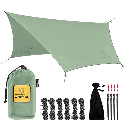 Wise Owl Outfitters Hammock Rain Fly – Waterproof Camping Tarp Cover with Tent Stakes & Carry Bag, Ultralight Shelter for Backpacking & Outdoor Shade - color: Sage, size: Standard (26 oz)