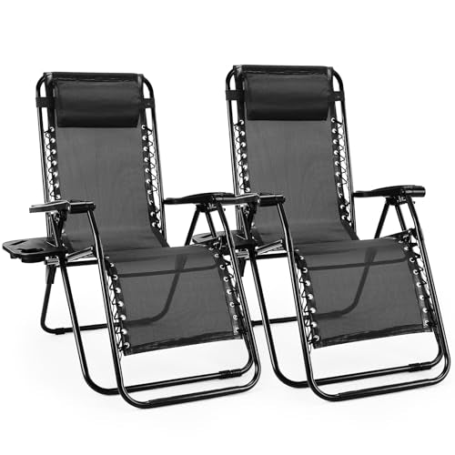 Sweetcrispy Zero Gravity Chairs, Set of 2 Portable Recliner Beach Camping Patio Outdoor Folding Lounge Chair with Cup Holder Trays and Adjustable Pillow for Poolside, Garden, Backyard, Lawn (Black) - color: Black