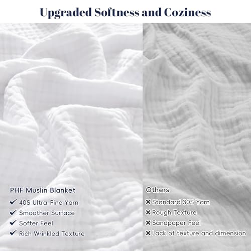 PHF 100% Cotton Muslin Blanket Queen Size 90"x90", 4-Layer Lightweight Gauze Throw, Breathable Cloud-Soft Minimalist Blanket for Bed, Couch, Camping, White, Ideal Gift - color: 01 - White, size: Queen Size(90"X90")