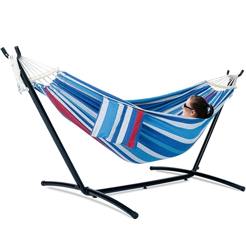 GAFETE Double Hammock with Stand for Outside, Upgraded Spreader Bar, Heavy Duty Space Saving Steel Stand 2 Person, Convenient Pocket, Easy Assembly, 600lbs Weight Capacity, Indoor & Outdoor (Rider) - color: Rider