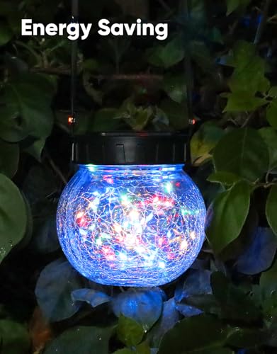 PARTPHONER Solar Lights Outdoor Waterproof 12-Pack, Solar Powered Hanging Lantern Cracked Glass Hanging Globes for Yard Decor Christmas Decoration, Shepherd Hook, Garden Tree Ornaments, RGB - color: RGB (Red, Green, Blue)