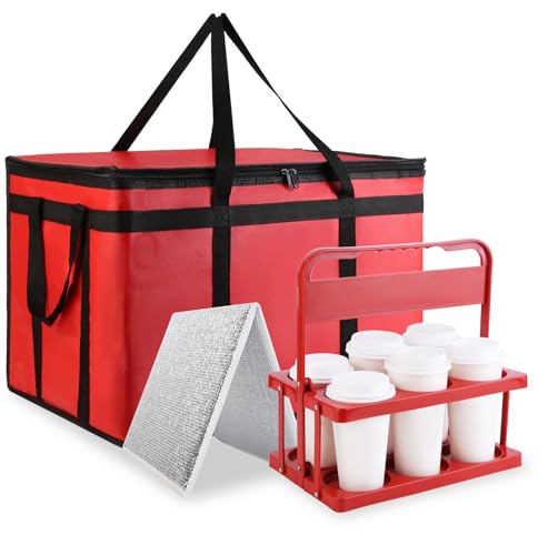 Cooler Insulated Food Delivery Bag & Drink Carrier with Hard Bottom, XXX-Large Grocery Catering Travel Thermal Frozen Carrier, Pizza Bags for Commercial Delivery, Cold Warmer Accessories - color: Red Bag with Drink Carrier, size: 23" x 14" x 15"