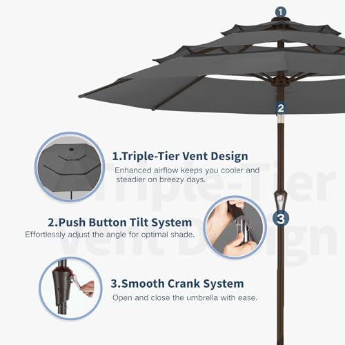 10FT Patio Umbrella 3 Tiers Outdoor Market Umbrella w/Push Button Tilt, Crank, UV and Waterproof Table Umbrella for Garden, Pool, Backyard, Deck, Lawn, Grey - color: Grey
