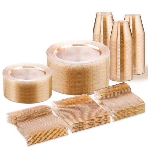 WELLIFE 300 PCS Gold Glitter Dinnerware Set for 50 Guests, Disposable Plastic Plates for Party, 50 Dinner Plates, 50 Salad Plates, 50 Cups Forks Knives Spoons for Wedding and Party Supplies - color: Gold Glitter, size: 50 Guests