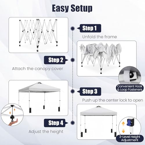 Tangkula 10 x10 Ft Pop Up Canopy with Center Lock, UPF 50+ One-Button Setup Outdoor Canopy Tent with Roller Bag, 4 Sand Bags, Heavy-Duty Steel Frame, 8 Stakes, 4 Ropes for Camping, Picnic - color: White