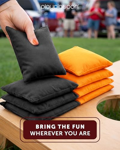 Play Platoon Cornhole Bags Weather Resistant- Set of 8 Regulation Bean Bags for Tossing- Official Professional Size & Weight Corn Hole Bags Two Color All Weather Cornhole Beans Bag Set with Tote Bag - color: Black & Orange