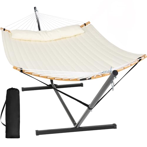 SUNCREAT Hammocks for Outside with Stand Included, Double Hammock with Curved Spreader Bar, Carrying Bag, Beige - color: Beige