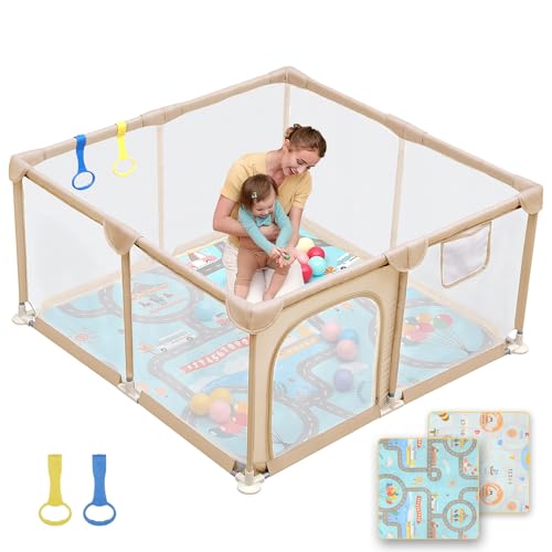 Dripex Baby Playpen with Mat, 47"x47" Play Pen for Toddlers 1-3 Years, Soft Breathable Visible Mesh, Indoor/Outdoor Portable Play Yard with Mat, Safe Baby Fence Play Area, Beige - color: Beige, size: 47"×47" with Mat