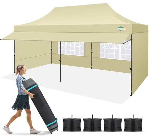 COBIZI 10x20 Pop Up Canopy Tent with Awning & Sidewalls, Heavy Duty Commercial 10X20 Canopy Tents Instant Waterproof, UPF 50+ Sun Shade for Outdoor, Parties, Markets (Khaki) - color: Khaki, size: 10x20FT with 4 Sidewalls & 1 Awning Cloth