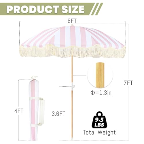 Lefedrasticity Boho Outdoor Umbrella with Tassels,6ft Table Umbrella Outdoor Patio with Knobs Tilt,Wind Resistant Portable Beach Umbrella UPF50+ Fringe Umbrellas For Pool Backyard Deck Garden - color: Pink Stripe