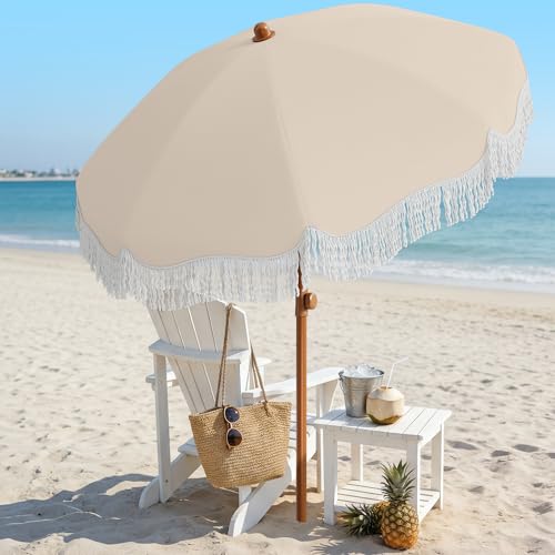 AreShark 7ft Patio Umbrella with Fringe, UPF50+ Beach Umbrella for Table, Pool & Garden, Portable Outdoor Tassels Umbrella w/Fiberglass Ribs&Push Bottom Tilt(Ivory) - color: Ivory, size: 7FT