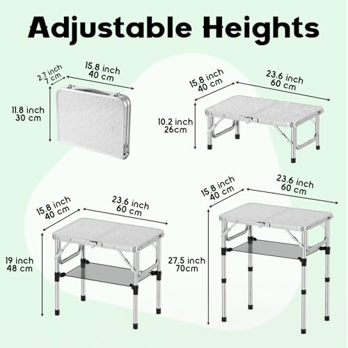 YihuiKo Folding Camping Table, Aluminum 24" x 16" Adjustable Height Max 27.5" with Carrying Handle, Lightweight, Portable Camping Table for Outdoor Indoor Picnic Beach, Silver - size: 24"L x 16"W x 27"H Silver