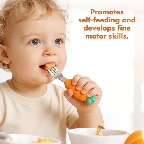 Baby Fork and Spoon Set with Carry Case Baby Training Utensils Self Feeding Toddler Silverware Silicone and Stainless Steel Kids and Toddler Utensil Set-Carrot - color: Carrot
