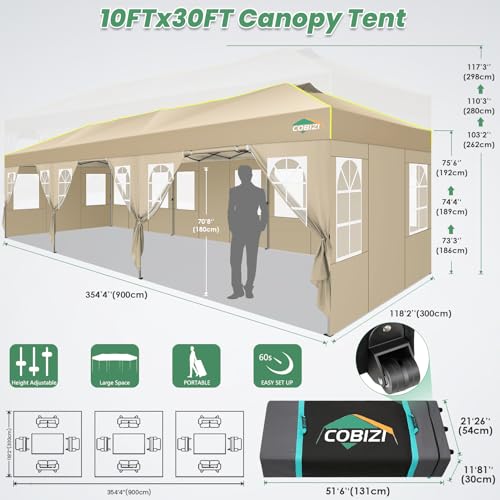 COBIZI 10x30 Pop Up Canopy One Push Party Tent with Air Vent Waterproof Commercial Outdoor Patio Gazebo with 8 Removable Sidewalls, 3 Adjustable Height for Parties, Roller Bag, Sandbag, Khaki - color: Khaki, size: 10x20【with 6 sidewalls】
