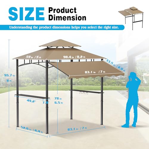 TITIMO 8'x 8' x 7.8' Double Tiered Grill Gazebo with Side Awning,Outdoor Patio BBQ Pergola, Heavy-Duty Metal Frame Canopy Tent with Side Shelves,Hooks,Bottle Opener for Lawn Deck and Garden (Khaki) - color: khaki