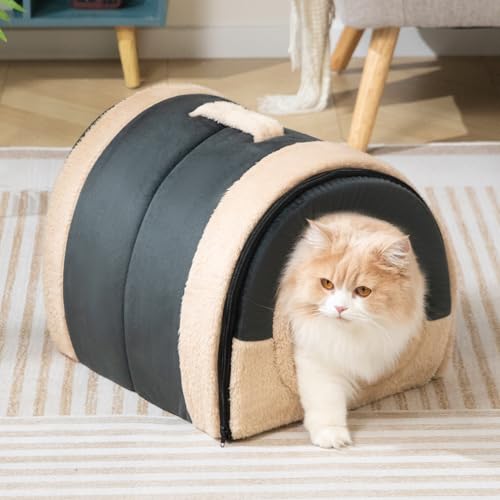 Hollypet Cat Bed Self-Warming 2 in 1 Foldable Kitty Cave Hut House Nest Pet Sleeping Bed, Crystal Velvet Pet Condo for Indoor Cats, Dark Gray Arched Cave - color: Dark Gray Arched Cave