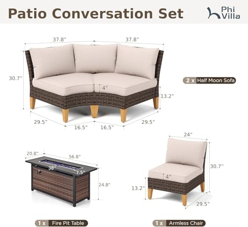 PHI VILLA Half Moon Patio Furniture Set with 56" Fire Pit Table, Outdoor Curved Wicker Sectional Sofa with Cushions and Ottomans, Beige - color: Beige+fire Pit, size: 5 Seats - Half Moon
