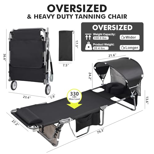 Wheel-To-Go Oversized Tanning Chair with Face Hole & Wheels | Portable Heavy Duty Folding Lounge Chair | Outside Sunbathing Reading Relaxing Beach Poolside Lawn | XL Wide | 330 LBS (Patent Design) - color: Black, style: Oversized + Sun Canopy Style