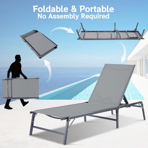 Outdoor Chaise Lounge Chair Set of 2, Foldable & Assemble-Free, 6 Adjustable Positions, Durable Rust-Resistant Frame, Portable Outdoor Pool Lounge Chairs for Pool Patio Beach, Grey - color: Grey, size: 2-Pack（Basic）