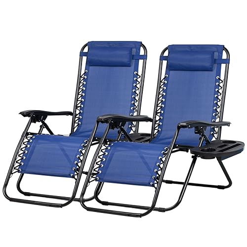 Nazhura Set of 2 Relaxing Recliners Patio Chairs Adjustable Steel Mesh Zero Gravity Lounge Chair Beach Chairs with Pillow and Cup Holder (Blue) - color: Blue