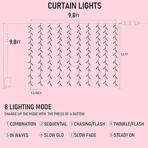 Dazzle Bright 300 LED Curtain String Lights, Valentine's Day Fairy Lights for Bedroom with 8 Lighting Modes, Connectable Waterproof Window Lights Party Wedding Garden Wall Christmas Decor, Pink - color: Pink