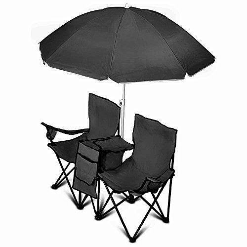 GoTEAM! Portable 2-Seat Folding Camp Chair with Cooler, Umbrella & Cup Holders – Outdoor Picnic, Beach, or Tailgate Seating – Carry Case Included - color: Charcoal