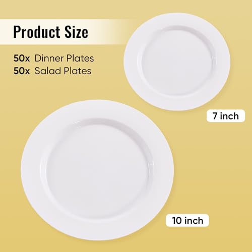 Fijinhom 100PCS White Disposable Plates for 50 Guests Including 50PCS 10" Dinner Plates & 50PCS 7" Dessert Plates, White - color: White, size: 50 Guests-100pcs