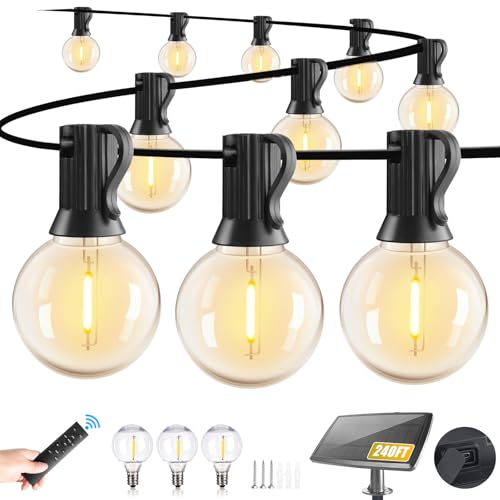 240FT Solar String Lights Outdoor Waterproof with Remote, G40 Solar Powered String Lights with 80+3 LED Shatterproof Bulbs, Dimmable Solar Patio Hanging Lights for Outside Backyard Party - size: 240FT