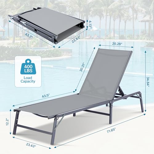 Outdoor Chaise Lounge Chair Set of 2, Foldable & Assemble-Free, 6 Adjustable Positions, Durable Rust-Resistant Frame, Portable Outdoor Pool Lounge Chairs for Pool Patio Beach, Grey - color: Grey, size: 2-Pack（Basic）